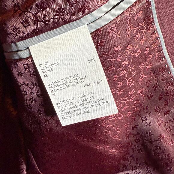 Bar III Men's Slim-Fit Wool Blend Suit Jacket Berry Red 36S $425 - Picture 7 of 9